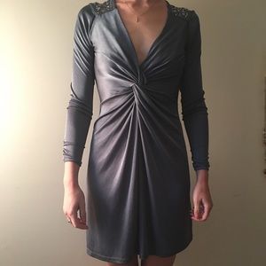 Shimmery grey midi dress w/silver accents